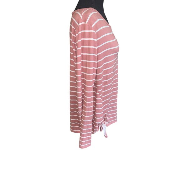 REBORN J Soft Mauve White Striped Long Sleeve Side Tie Top L Casual Classic Trav - Picture 3 of 8